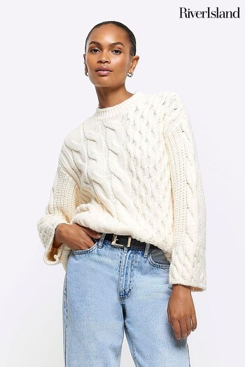 River Island Cream Cable V-Neck Jumper (Q45913) | £50