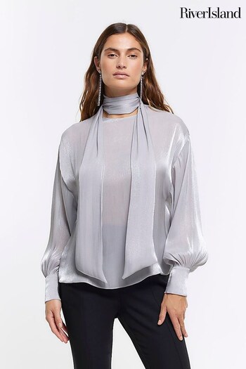 River Island Silver Pussybow Satin Shimmer Blouse (Q45933) | £60