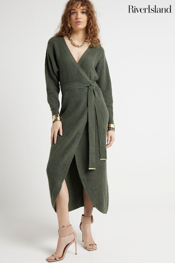 River Island Green Wrap Belted Midi Dress (Q45936) | £50