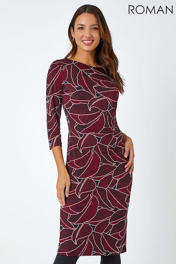 Roman Red Leaf Print Side Pleat Stretch Dress (Q45940) | £42