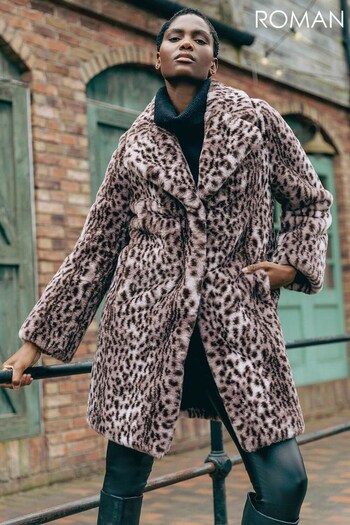 Roman Brown light Premium Animal Print Faux Fur Coat (Q45987) | £89