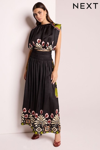 Orange/Black Satin Bright Floral Print Maxi Skirt (Q46033) | £52