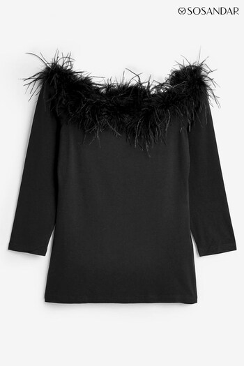 Sosandar Black Feather Trim Bardot Top (Q47023) | £55