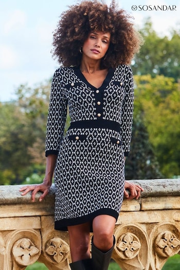 Sosandar Black Geometric Print Jacquard Knitted Dress With Button Pocket Detail (Q47067) | £75