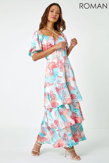 Roman White Floral Puff Sleeve Tiered Frill Maxi Dress (Q47330) | £65