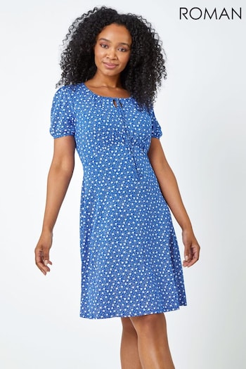 Roman Blue Petite Ditsy Floral Tie Neck Dress (Q47426) | £42