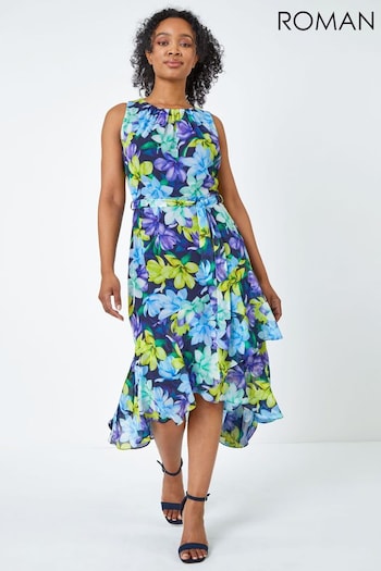 Roman Blue Petite Sleeveless Floral Midi Dress (Q47513) | £55