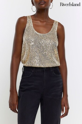 River Island Gold Scoop Sequin Shell Tank Top (Q47626) | £32