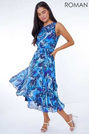 Roman Blue Petite Abstract Print Pleated Dress (Q47628) | £65