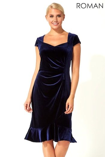 Roman Blue Velvet Sweetheart Flute Hem Dress (Q47652) | £45