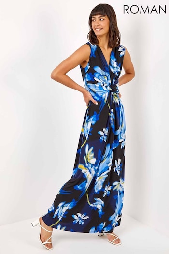 Roman Black Floral Twist Stretch Jersey Maxi Dress (Q47655) | £45