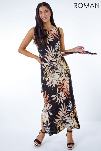 Roman Black Petite Leaf Print Stretch Jersey Column Dress Sportswear (Q47685) | £45