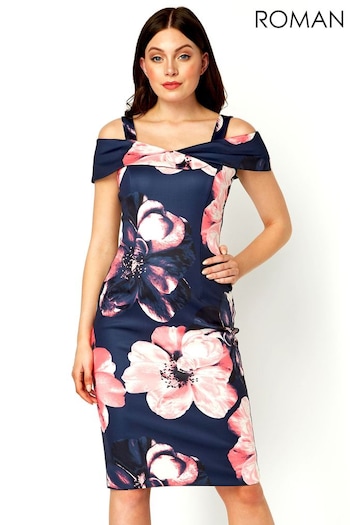 Roman Blue Floral Cold Shoulder Scuba Dress (Q47706) | £52
