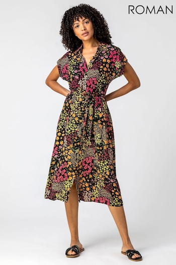 Roman Black Contrast Floral Print Shirt Dress (Q47800) | £38