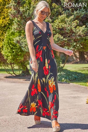 Roman Black Floral Contrast Band Maxi Dress (Q47815) | £45
