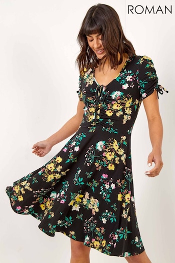 Roman Black Floral Gathered Stretch Jersey Dress (Q47830) | £38