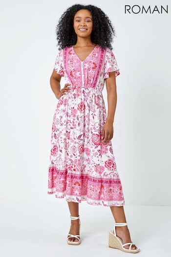 Roman Pink Petite Floral Print Tiered Boho Dress (Q47839) | £42