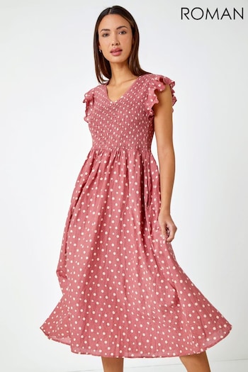 Roman Pink Spot Frill Detail Shirred Midi Dress (Q47852) | £40