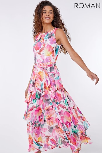 Roman Pink Floral Print Frill Midi Dress (Q47865) | £65