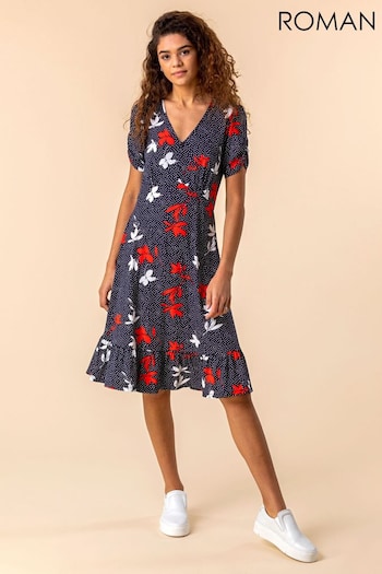Roman Blue Floral Spot Print Frill Hem Dress (Q47895) | £40