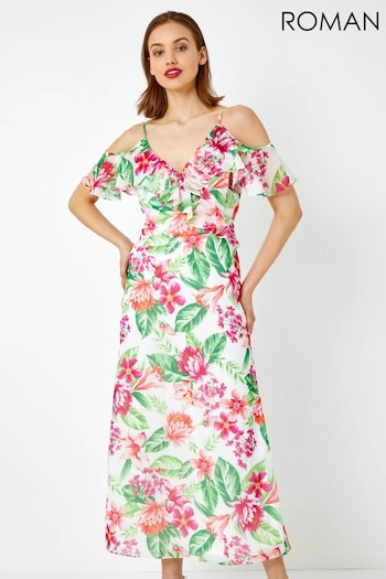 Roman White Floral Print Cold Shoulder Midi Dress (Q47896) | £58