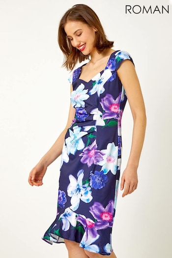 Roman Blue Premium Stretch Floral Frill Hem Dress (Q47924) | £52