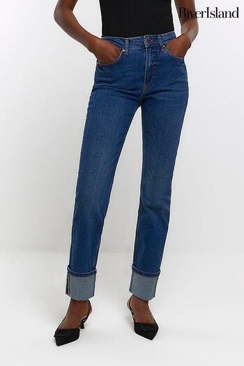 River Island Blue Slim Straight Non - Stretch Turn Up Jeans (Q48049) | £48