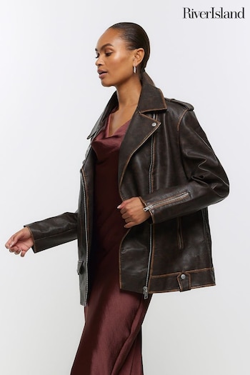 River Island Brown Faux Leather Oversized Distressed Biker Jacket (Q48088) | £75