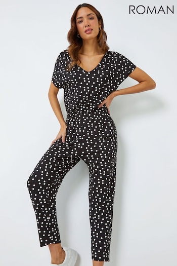 Roman Black Polka Dot Print Stretch Jumpsuit (Q48190) | £38