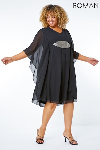 Roman Black Curve Embellished Chiffon Overlay Dress (Q48199) | £48