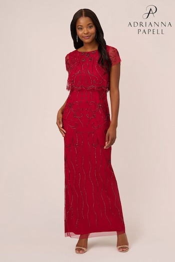 Adrianna Papell Red Beaded Mesh Gown (Q48232) | £249