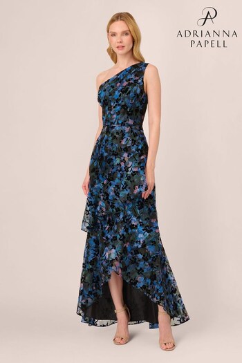 Adrianna Papell Print Flocked Organza Black Gown (Q48237) | £289