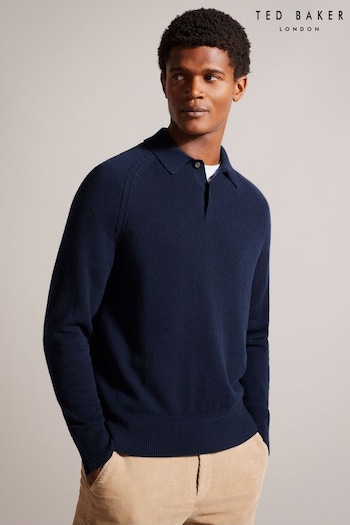 Ted Baker Blue Karolt Cashmere Cable Textured Polo Shirt (Q48275) | £195