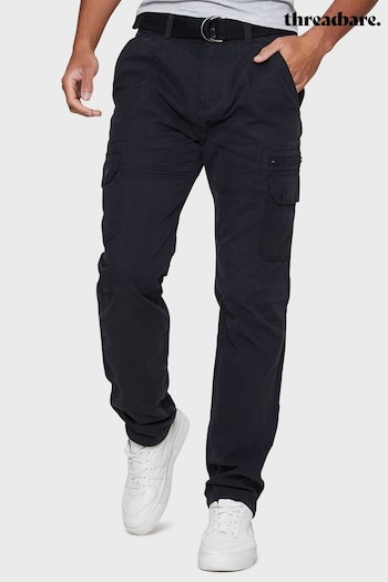 Threadbare Black Cotton Blend Belted Cargo Trousers (Q48460) | £36