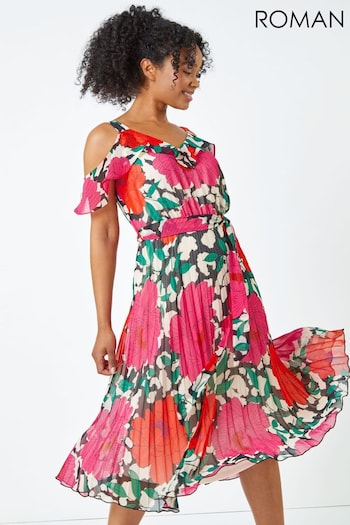 Roman Pink Petite Cold Shoulder Floral Midi Dress (Q48505) | £65