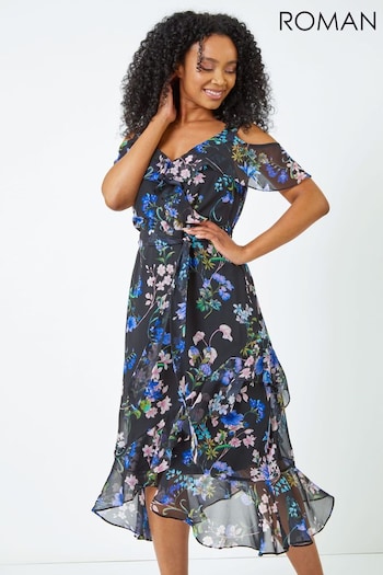 Roman Black Petite Cold Shoulder Floral Midi Dress (Q48511) | £55