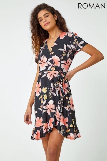 Roman Pink Floral Print Frill Hem Wrap Amber Dress (Q48522) | £40