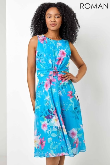 Roman Blue Petite Floral Print Buckle Detail Dress (Q48629) | £50