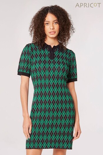 Apricot Green Collar Knitted Argyle Shift Dress (Q48816) | £34