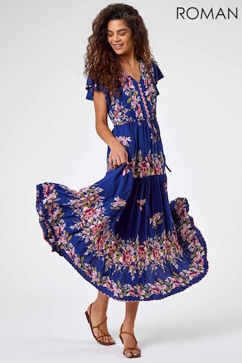 Roman Blue Floral Print Tiered Midi Dress (Q48878) | £45