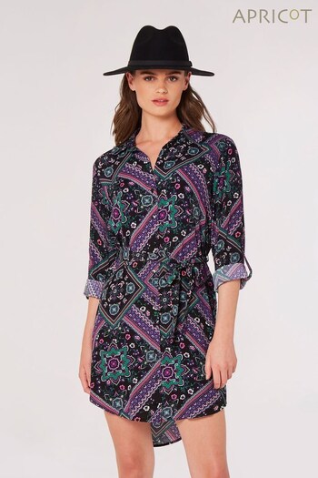 Apricot Purple Scarf Print Belted Shirt Dress (Q48884) | £35