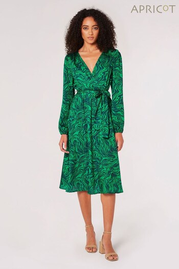 Apricot Green Swirl Print Satin Wrap Dress (Q48897) | £35