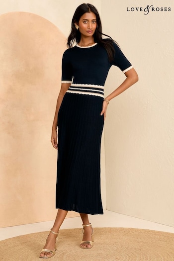 Just Launched: Never Fully Dressed Navy Blue Lightweight Compact Knit Stitch Scallop Midi Dress (Q48914) | £62