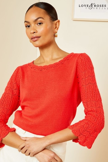 New: Clarke and Clarke Red 3/4 Sleeve Crochet Bow Back Jumper (Q48916) | £39