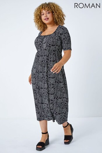 Roman Black Curve Floral Print Midi Dress Sportswear (Q48945) | £36