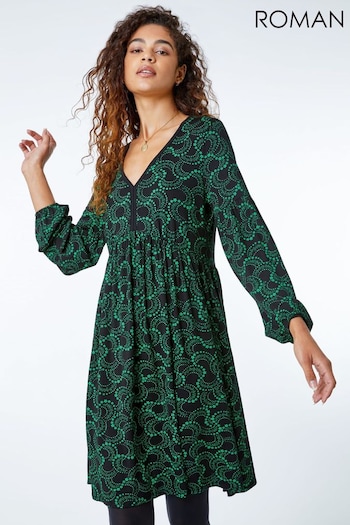 Roman Green Abstract Ladder Lace Sleeve Dress (Q48948) | £40