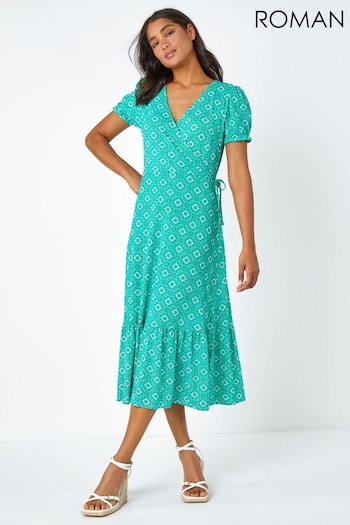 Roman Green Geo Print Stretch Wrap Midi Dress (Q48949) | £38