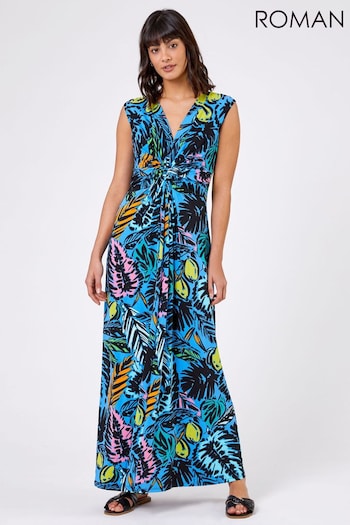 Roman Blue Palm Print Twist Waist Maxi Dress (Q48976) | £42