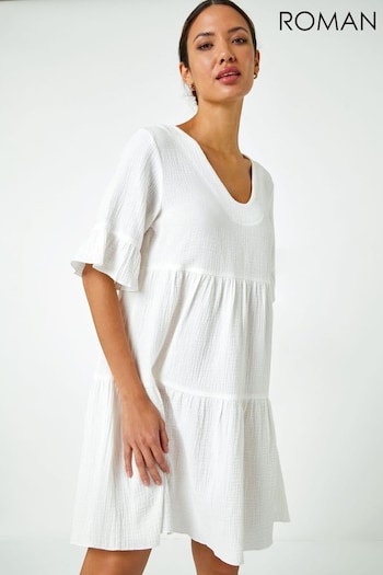 Roman White Textured Tiered Smock Dress (Q48978) | £40
