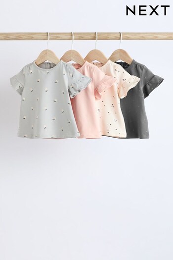 Grey/ Pink Flower Print Baby Short Sleeve Top 4 Pack (Q48979) | £16 - £18